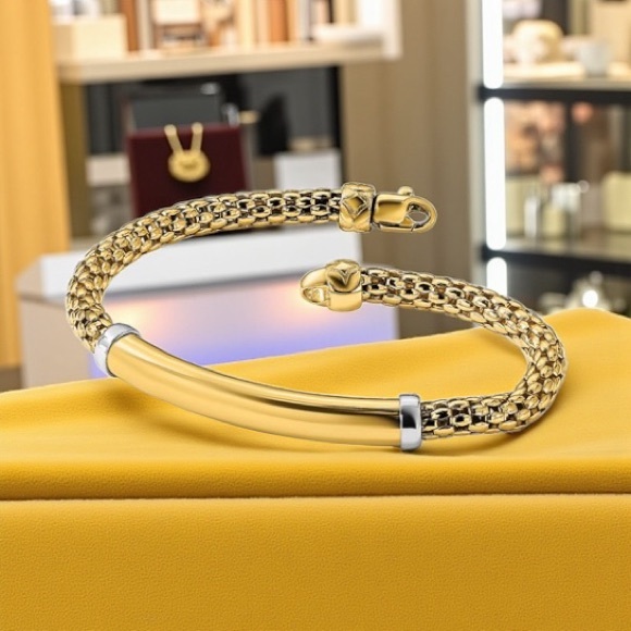 14K Two-tone Polished Popcorn Mesh Bar 7.5 inch Bracelet - Picture 10 of 10